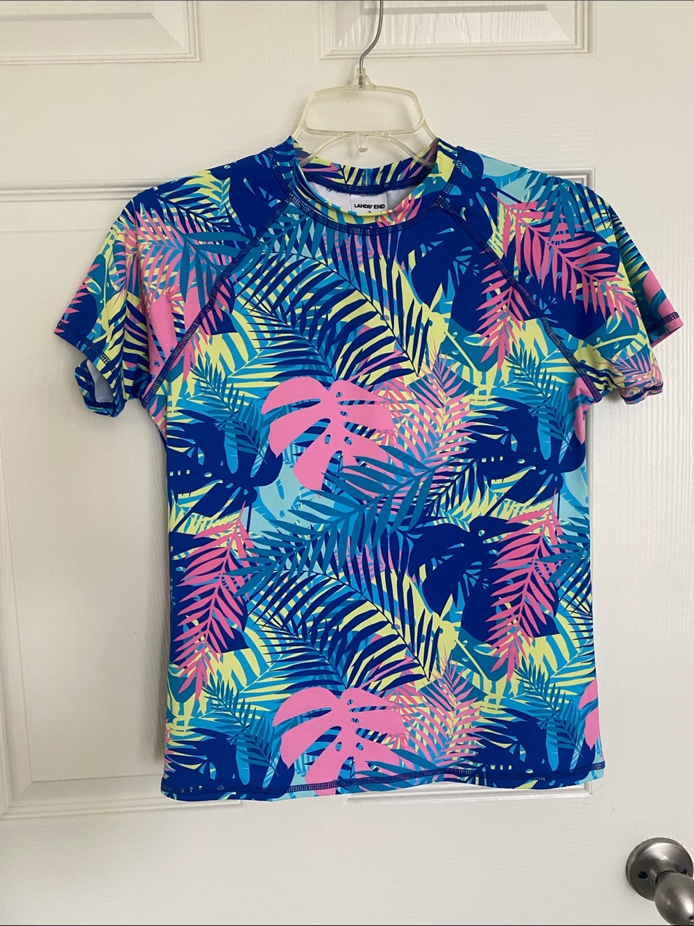 Lands' End Girls' Short-Sleeve Tropical Leaf Rash Guard - Blue, Pink, Yellow